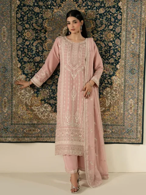 Truba | Elegant Rose Pink Chiffon 3 Piece Festive Suit