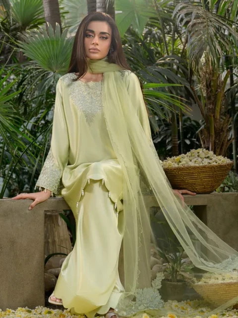 Truba | Elegant Sage Green Silk Charmeuse 3 Piece Kurta Set