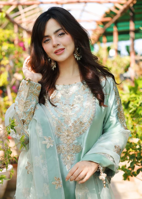 Truba | Elegant Tea Green Charmuse 3 Piece Festive Suit - Image 4