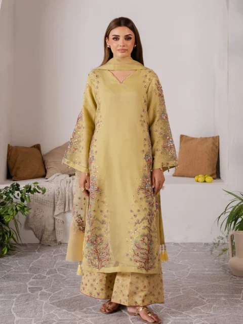 Truba | Elegant Yellow Green Organza 3 Piece Festive Suit