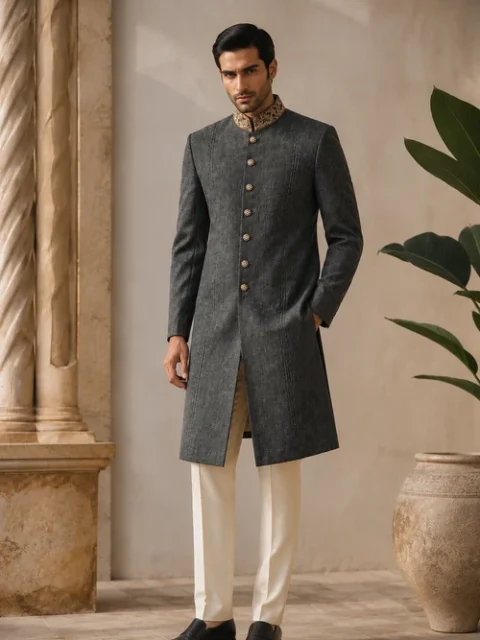 Dulha Dress House | Elegant Dark Grey Tropical Embellished Sherwani
