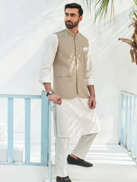 Muraqsh Beige 3 Piece Suit | Elegant Festive Wear