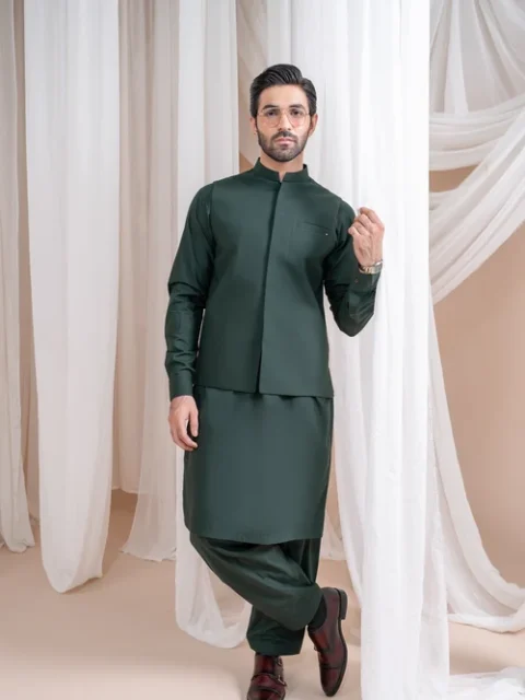 Muraqsh Bottle Green 3 Piece Formal Suit | Elegant Wash & Wear Style