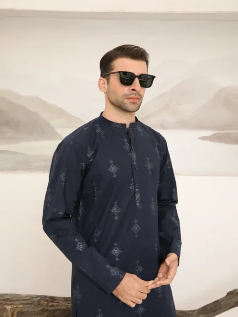 Muraqsh Navy Blue Embroidered Kurta | Elegant 2-Piece Cotton Suit