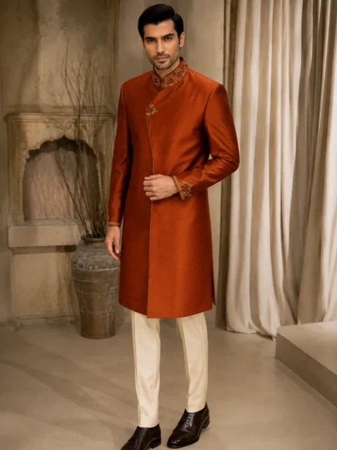 Dulha Dress House | Elegant Rust Orange Raw Silk Embellished Sherwani
