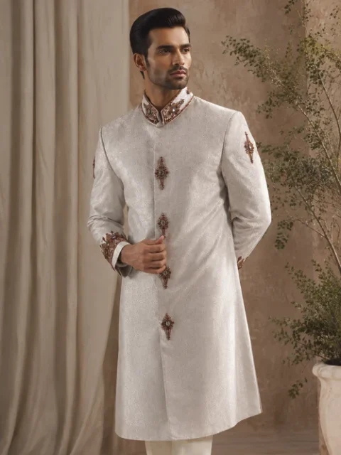 Dulha Dress House | Elegant White Jamawar Sherwani for Groom Wear