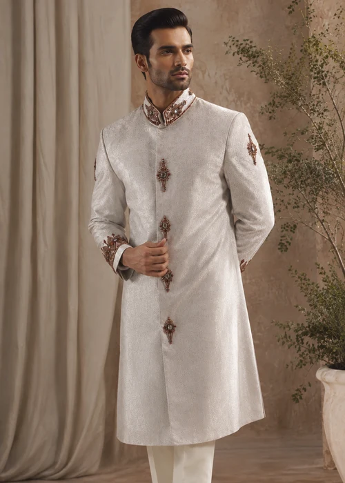 Dulha Dress House | Elegant White Jamawar Sherwani for Groom Wear