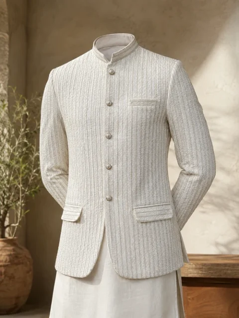 Dulha Dress House | Elegant White Raw Silk Embroidered Prince Coat