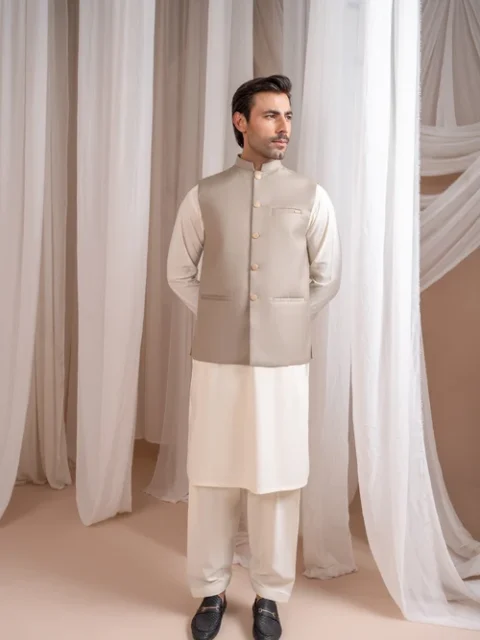 Muraqsh Beige Wash & Wear Suit | Elegant 3-Piece Formal Outfit