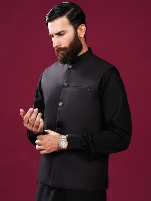 Muraqsh Black Suiting Waistcoat | Elegant Formal Style - Image 3
