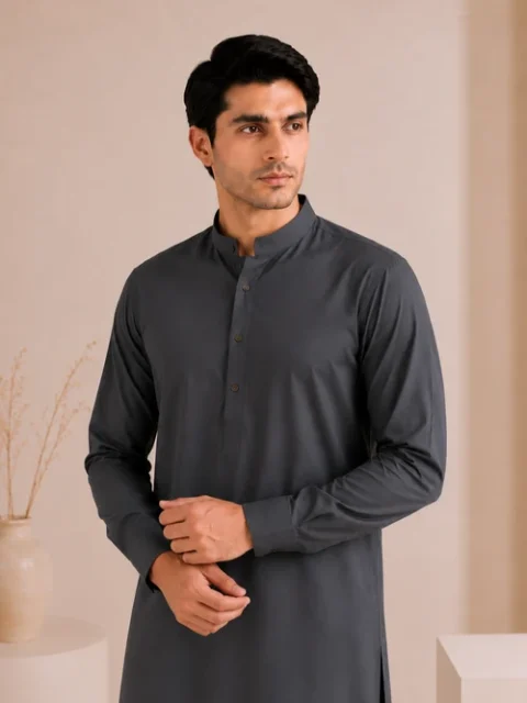 Muraqsh Charcoal Suit | Essential Mandarin Collar Daily Wear