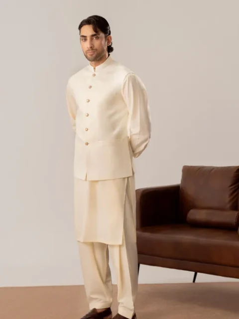 Muraqsh Cream 3 Piece Suit | Elegant Suiting Festive Wear