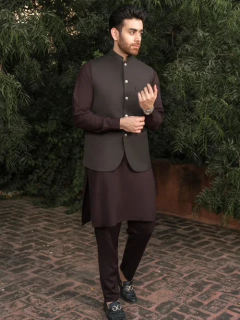 Muraqsh Dark Brown 3 Piece Suit | Elegant Formal Waistcoat Set