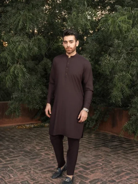 Muraqsh Dark Brown Suit | Essential Mandarin Collar Daily Wear