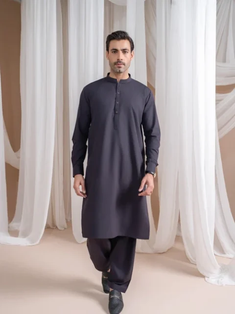 Muraqsh Deep Purple Suit | Essential Mandarin Collar Daily Wear