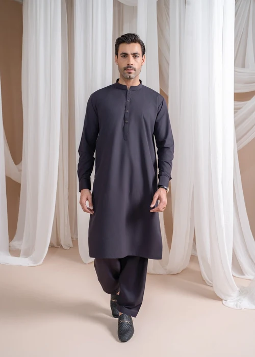 Muraqsh Deep Purple Suit | Essential Mandarin Collar Daily Wear