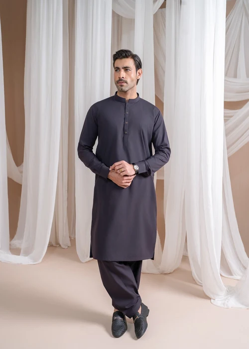 Muraqsh Deep Purple Suit | Essential Mandarin Collar Daily Wear - Image 4