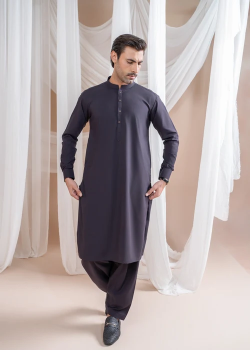 Muraqsh Deep Purple Suit | Essential Mandarin Collar Daily Wear - Image 2