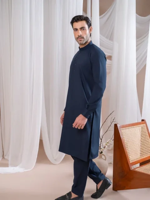 Muraqsh Navy Blue Suit | Elegant Mandarin Collar Men's Wear