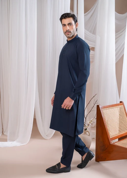 Muraqsh Navy Blue Suit | Elegant Mandarin Collar Men's Wear