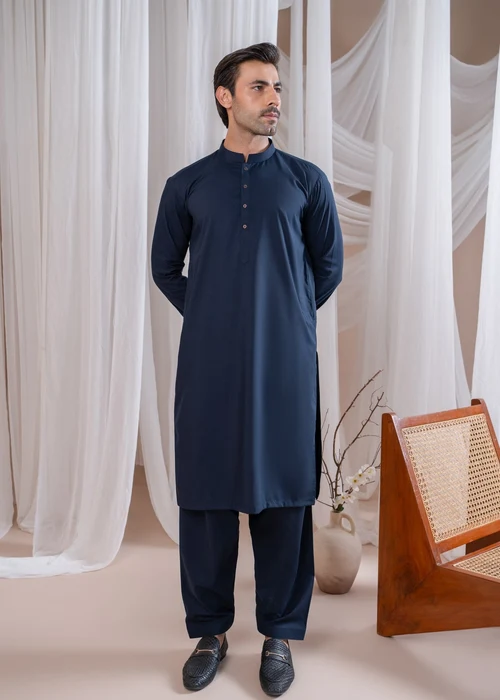 Muraqsh Navy Blue Suit | Elegant Mandarin Collar Men's Wear - Image 4