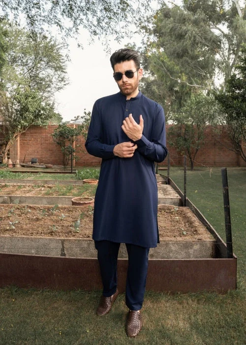 Muraqsh Navy Blue Suit | Elegant Mandarin Collar Men's Wear - Image 3