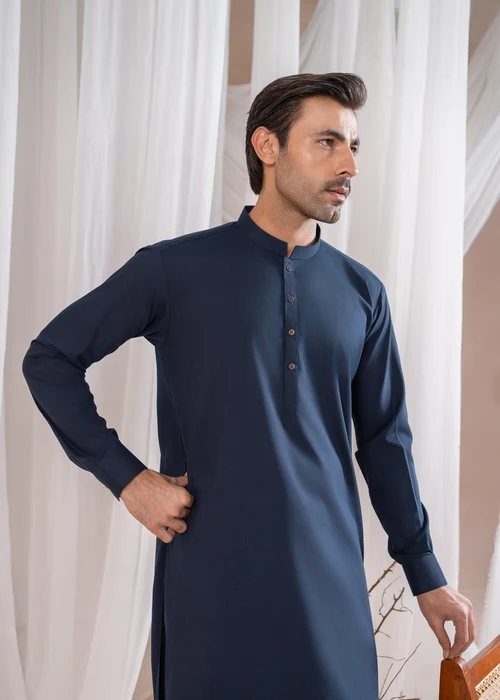 Muraqsh Navy Blue Suit | Elegant Mandarin Collar Men's Wear - Image 2