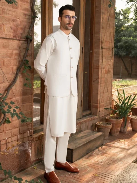 Muraqsh Off-White 3 Piece Suit | Elegant Festive Waistcoat Set