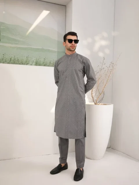 Muraqsh Pastel Grey Cotton Suit | Elegant Embroidered Festive Wear
