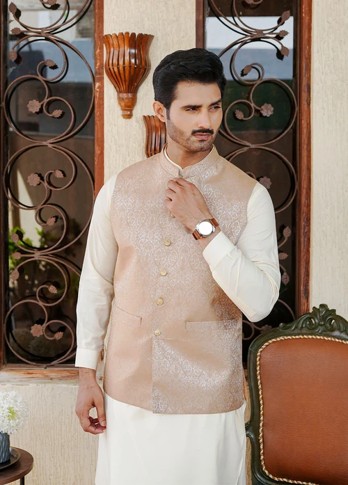 Muraqsh Peach Pink Waistcoat | Elegant Banarasi Jamawar - Image 4