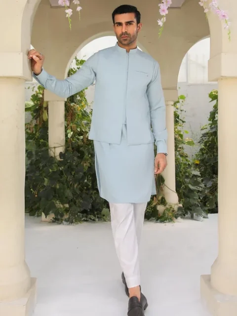 Muraqsh Sky Blue 3 Piece Formal Suit | Elegant Wedding Wear